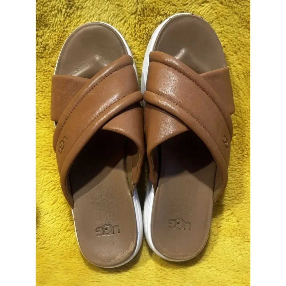 UGG Goldenstar Chestnut Leather Platform Slingback Sandals Women's Sz 8 Beach